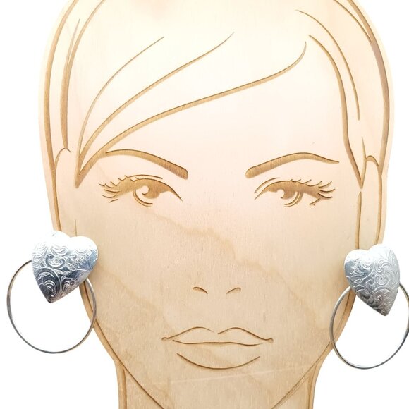 Heart Shaped Vintage Engraved Silver Tone Hoop Earrings - Picture 1 of 4